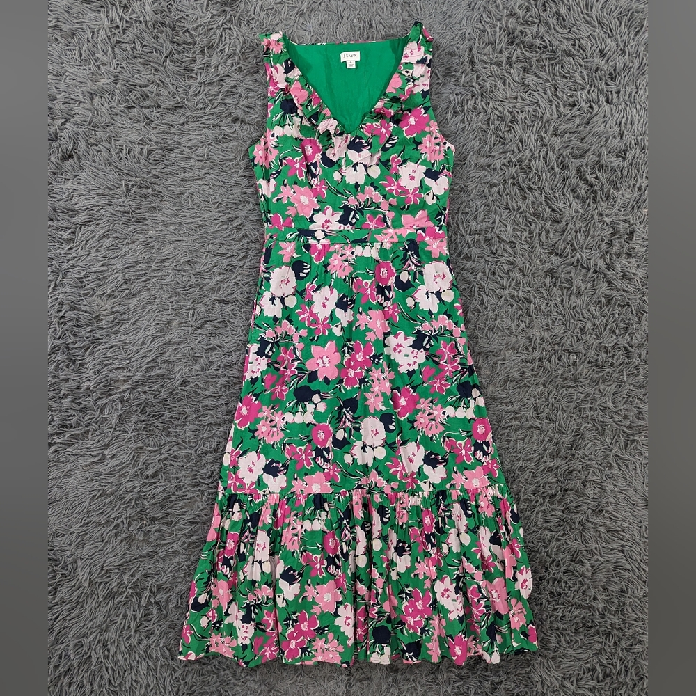 J. Crew Green Floral Midi Dress with Pink & White Flowers